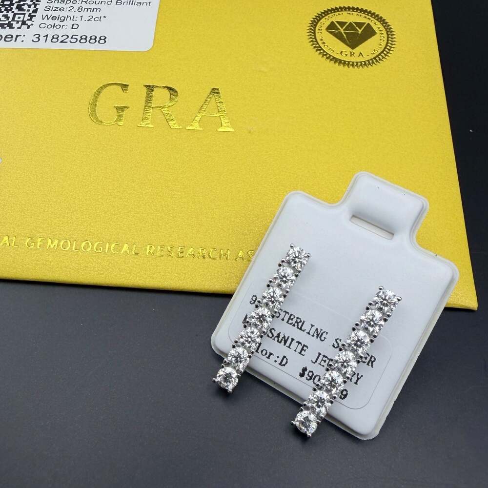 GRA 1.2ct D Color Moissanite 925 Sterling Silver Round Brilliant Bar Earrings